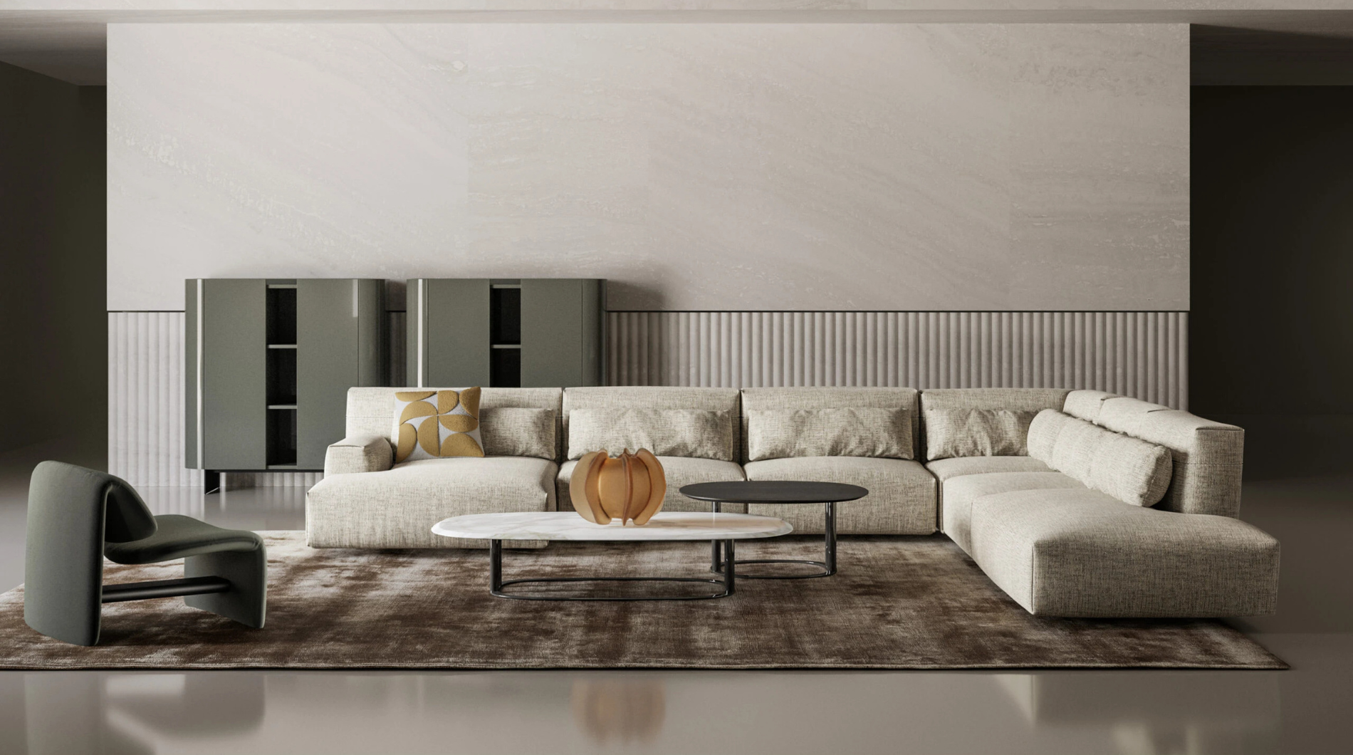Kutna sjedeca garnitura Belloalto Bonaldo modularna sofa u bez svjetloj tkanini Cadoro rijeka dizajnerski namjestaj